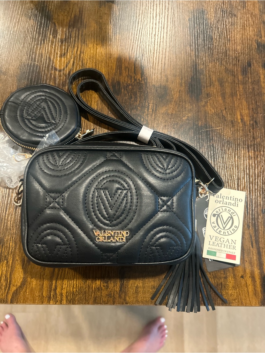 Valentino Orlandi Black Quilted Vegan Leather Crossbody With Tassel & Coin Pouch